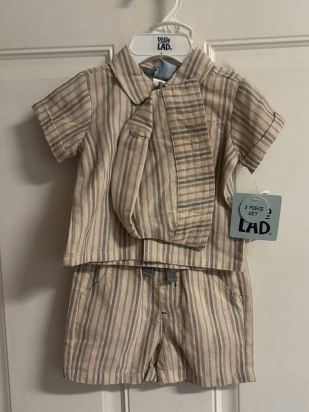 NWT Little Lad tan/Beige/gray striped 3 piece short outfit set.  Retail 18.99.
